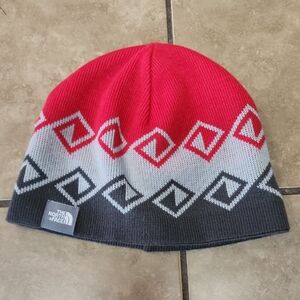The North Face Anders Beanie Hat Red and Black Reversible Geometric Kids